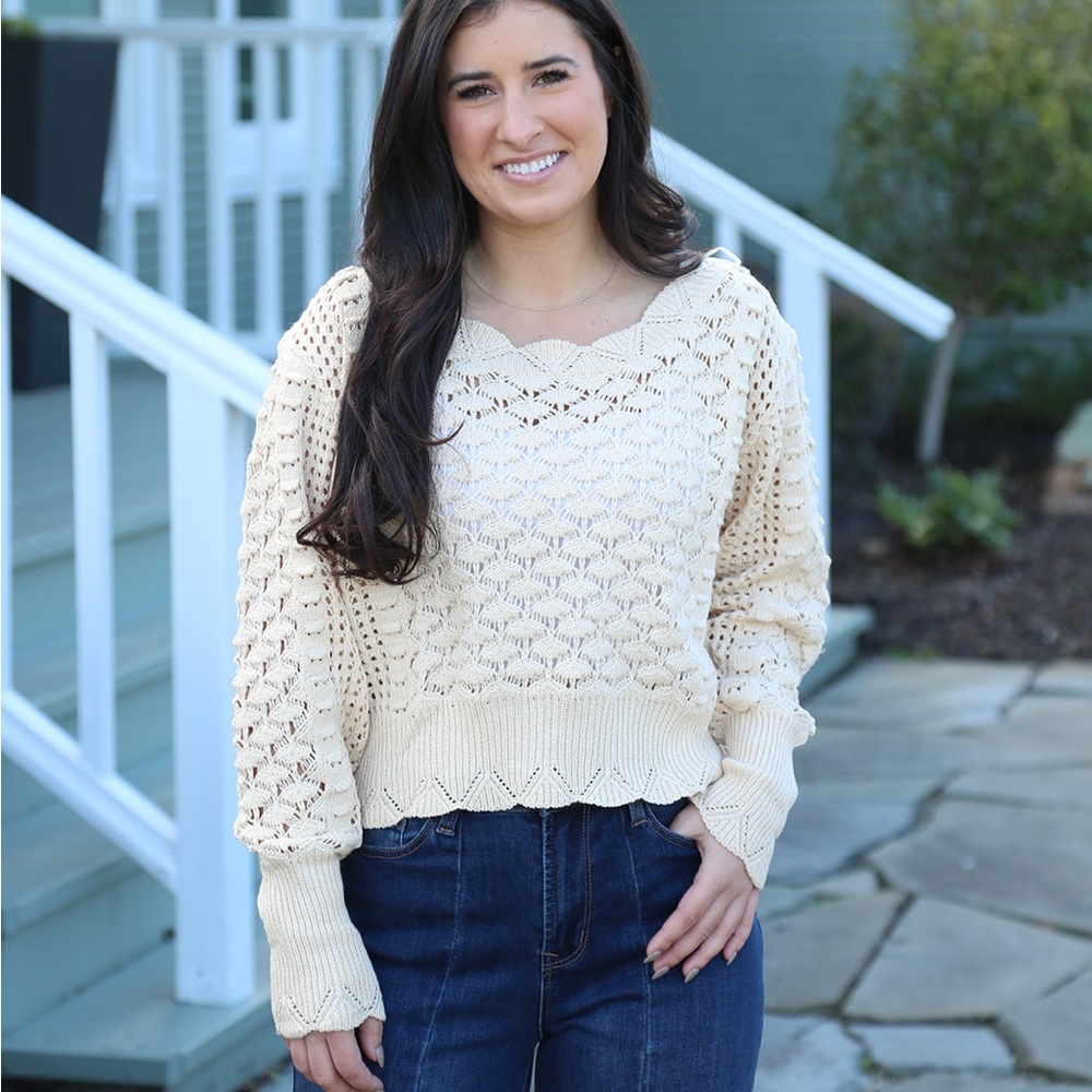 NWT UMGEE Eyelet Crochet Sweater Top in a Cream color